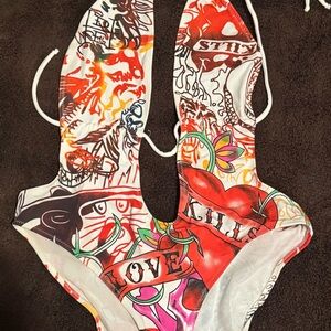 Ed Hardy Love Kills Slowly Graphic One-Piece Swimsuit
